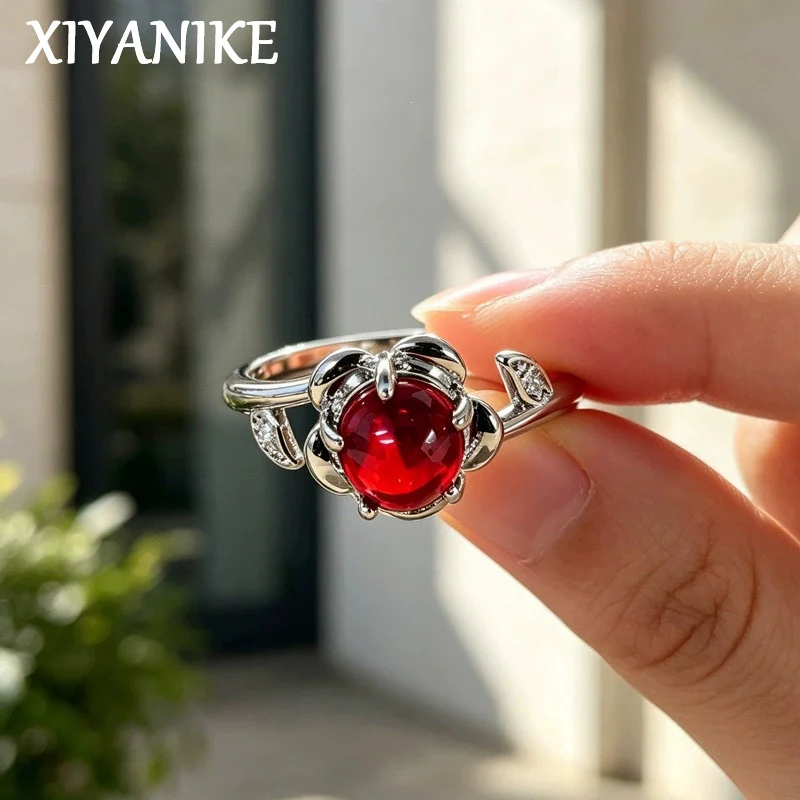 XIYANIKE Sweet Red Zircon Flower Adjustable Finger Rings For Women Girl Delicate Fashion New Jewelry Gift Party Birthday кольцо