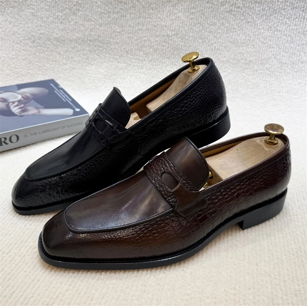 Luxury Men\'s Genuine Leather Dress Shoes Crocodile Print Wedding Loafers Double Buckle Business Office Formal Slip-On Shoes