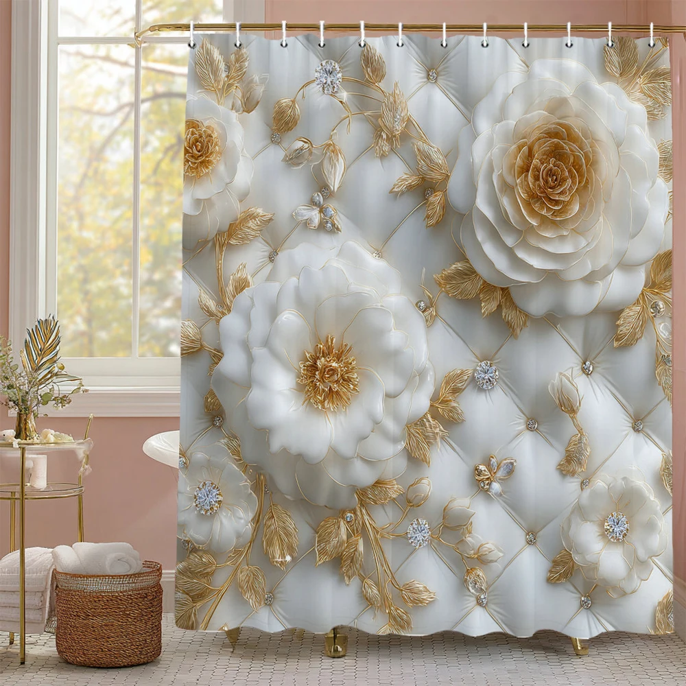 

Занавеска для душа с розой, декоративная занавеска для душа для ванной комнаты с белым цветком и принтом сусального золота, водонепроницаемая занавеска для душа с крючками