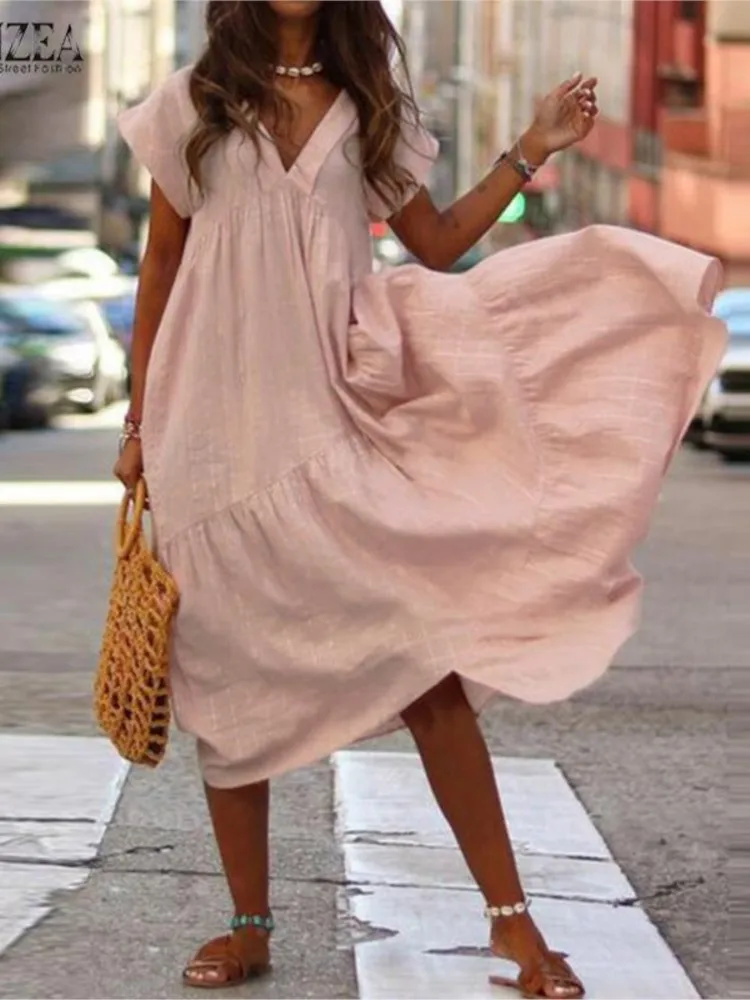 

Fashion New V-Neck Short Sleeved Loose Midi Dress For Women's Solid Color Vacation Dresses Summer Casual A-Line Robe Vestidos