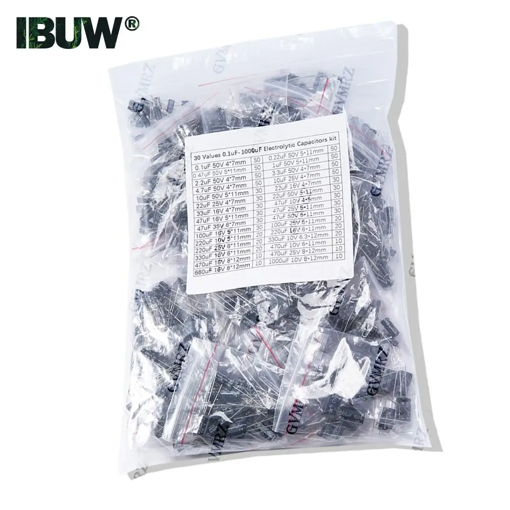 900PCS 30Values DIP Kit de condensadores electrolíticos 0.1uF-1000uF para proyectos electrónicos