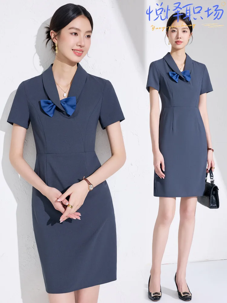 

Серое платье с бантом и коротким рукавом для женщин, лето 2025, для офиса, профессиональная рабочая одежда, униформа, облегающая короткая юбка