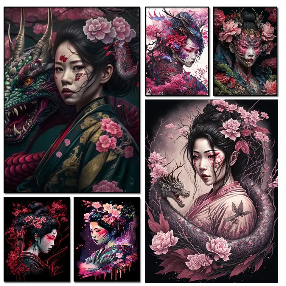 

5D Diy Diamond Painting Geisha Woman With Sakura Ful Drill Mosaic Cross Stitch Kits Geisha Samurai Interior Decor