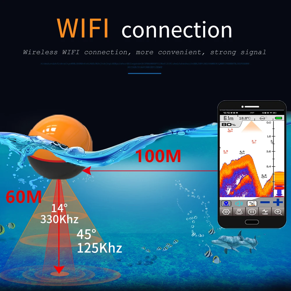 Erchang F68 Wifi Wireless Fish Finder Depth Echo Sounder Dual Frequency Sonar Alarm Transducer Fishfinder IOS&Android