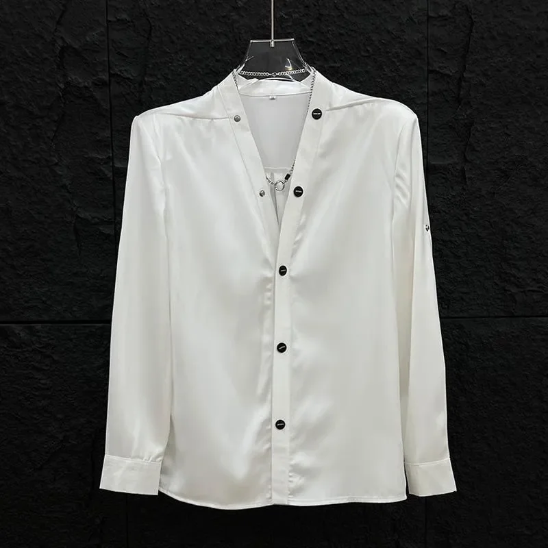 

Мужская осенне-зимняя ретро-рубашка класса люкс с V-образным вырезом и длинным рукавом, из высококачественной драпируемой ткани, модная, приталенная, повседневная.