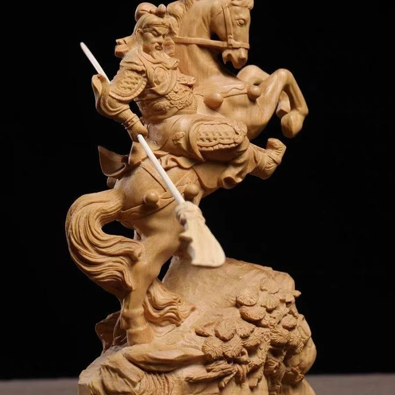 Wood carving Riding a horse Guan Gong God of Wealth Statue Chinese mythological figure  Home room, office decoration accessories view 4