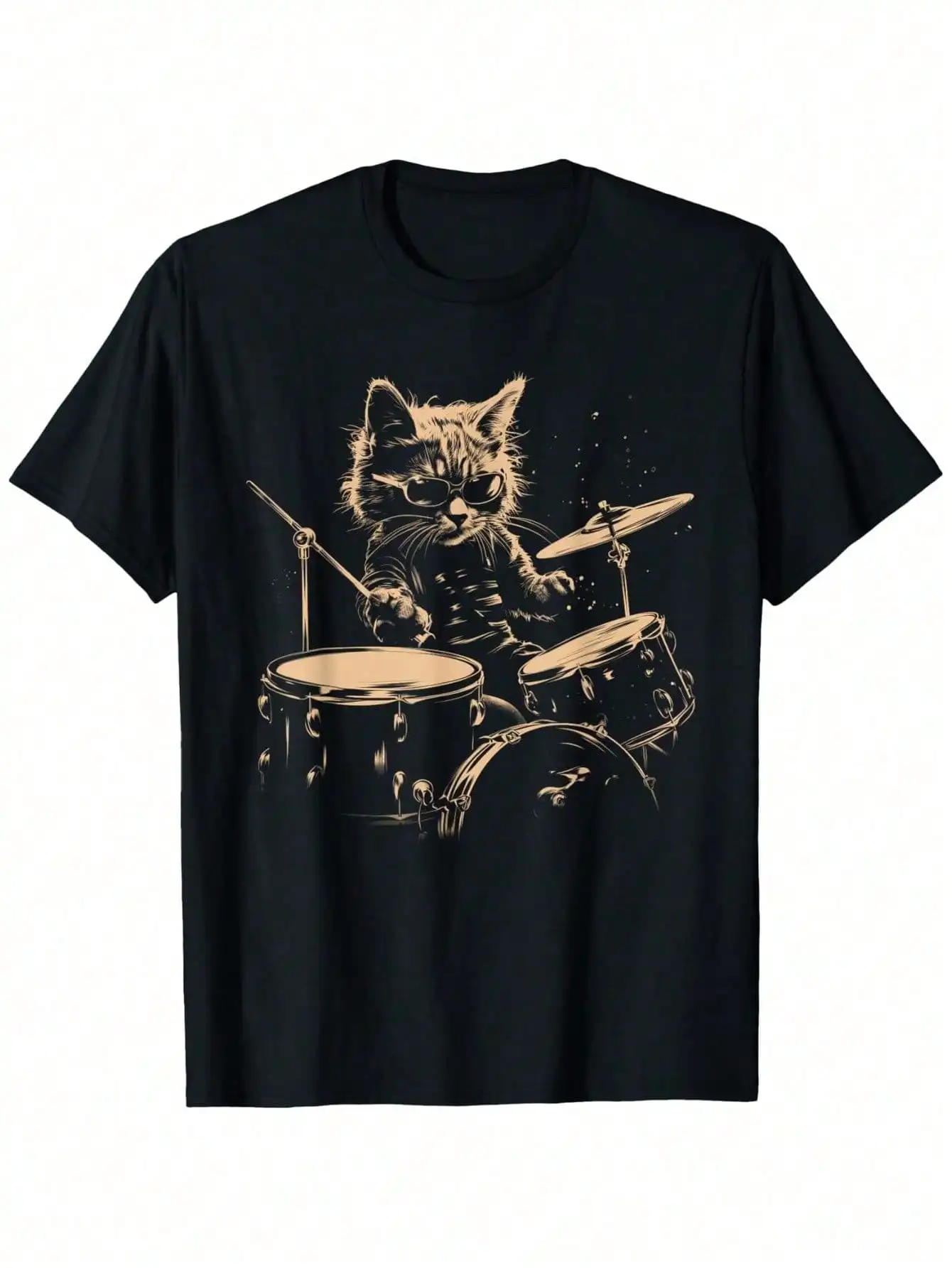 

1pc Rockstar Cat Drummer Print T-Shirt 100% Cotton Crew Neck Short Sleeve Tee Casual All-Season Knit Fabric Top Hot Stamped