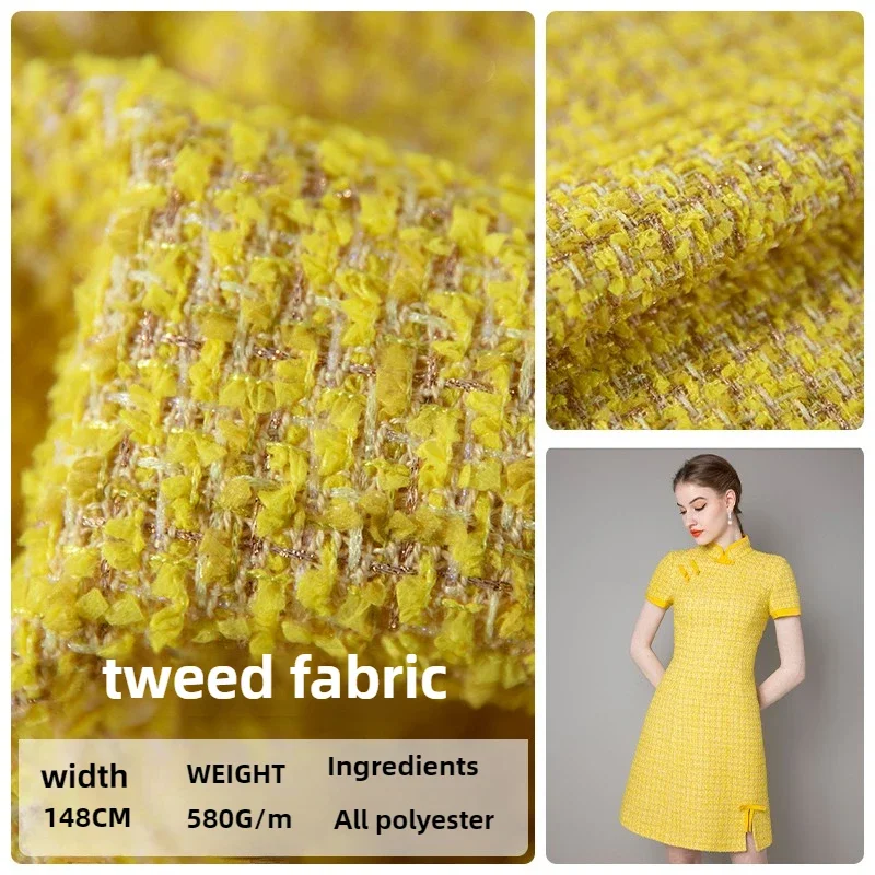

Yellow Woven Polyester Tweed Fabric High Quality By The Meter for Women Clothes Diy Bags Dress Jacket Sewing Cloth Blue Thin
