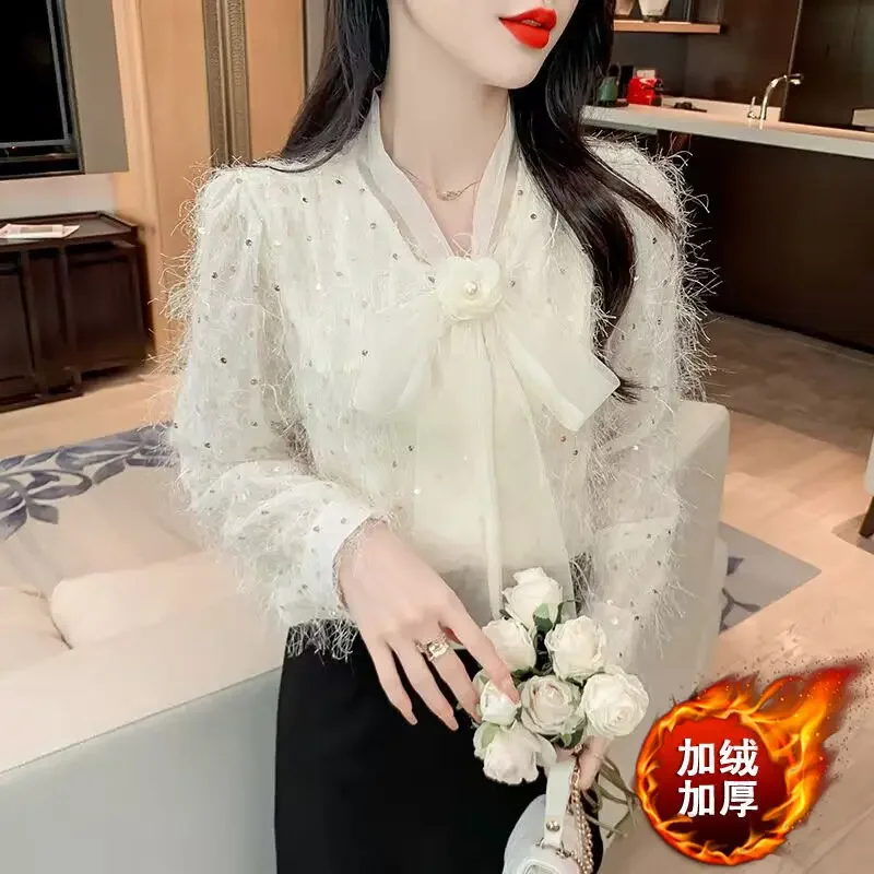 Nowa Xiaoxiang Fengliu Su Liang Pian Koronkowa Bluzka Damska z Długim Rękawem, Wewnętrzna Kokarda, Szyfonowa Koszula