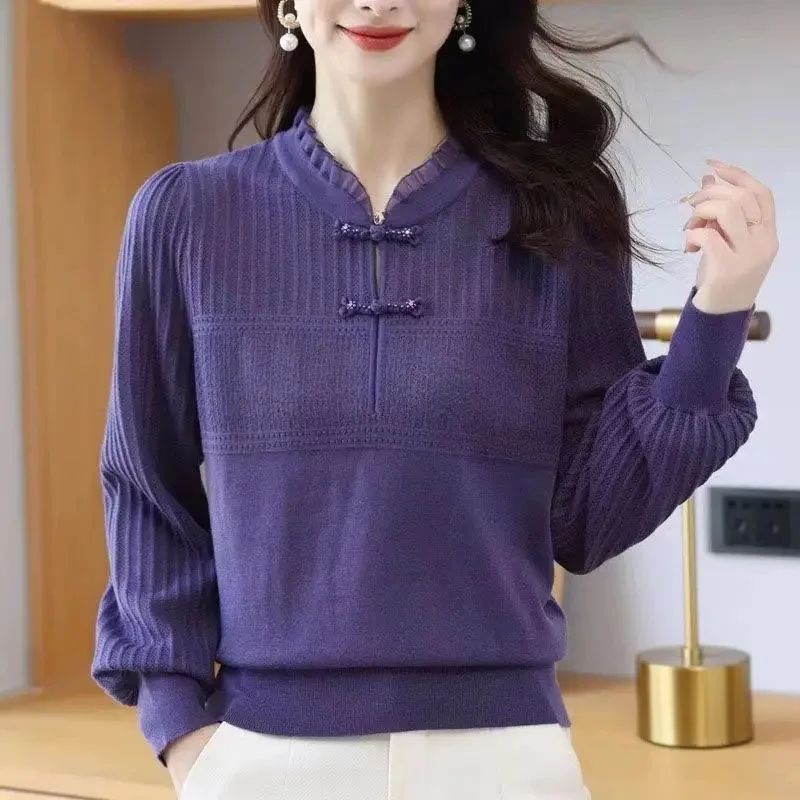 Women's Pullover Solid Ruffles Knit 2025 Autumn and Winter Women's Clothing Vintage Cheongsam Collar Long Sleeve Fashion Sweater