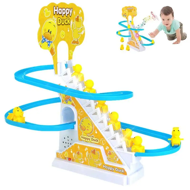 Electric Animal Toys With Cheerful Music Little Duck Track Slide Toys For Kids 9 Ducks Climbing Stairs Playset With Flashing LED