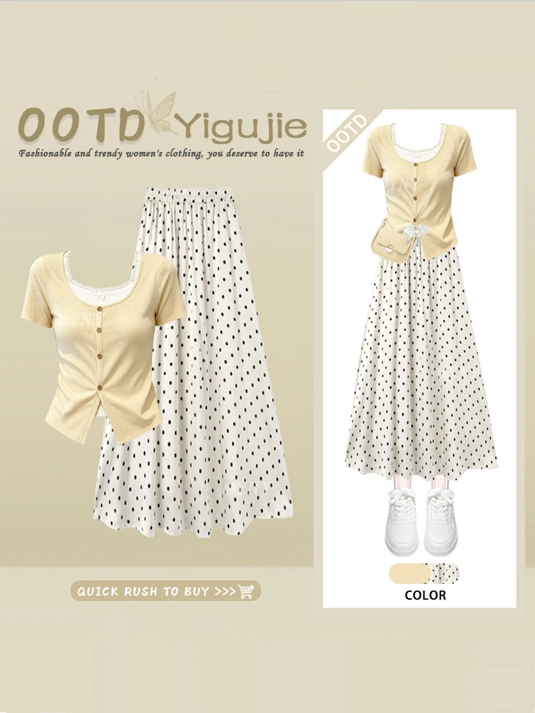 Ladies Style Yellow Polka Dot Half Skirt And Short Sleeve Top Two Piece Set Fashionable Age Reducing Small Size Ensemble