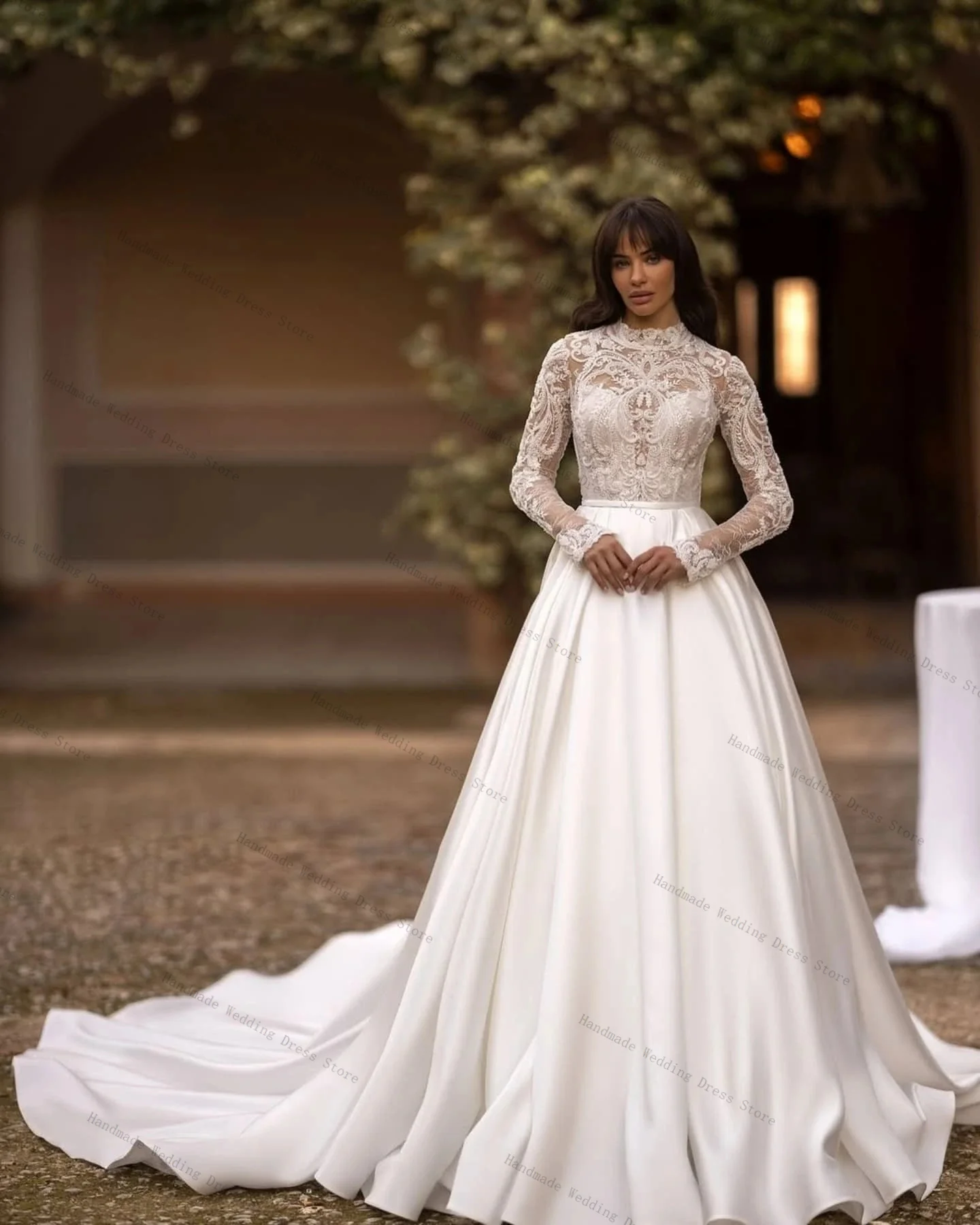 

White Pearls A Line Women Wedding Dress Luxury Beaded Elegant Full Sleeves High Neck Bridal Evening Gown Customized Robe