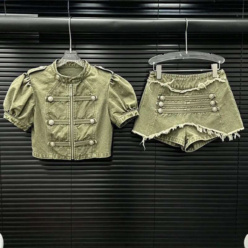 Zipper Set Button Short Length Casual with Autumn Three Quarter Sleeve Water Washed Distressed Look 3D Effect Women Shorts