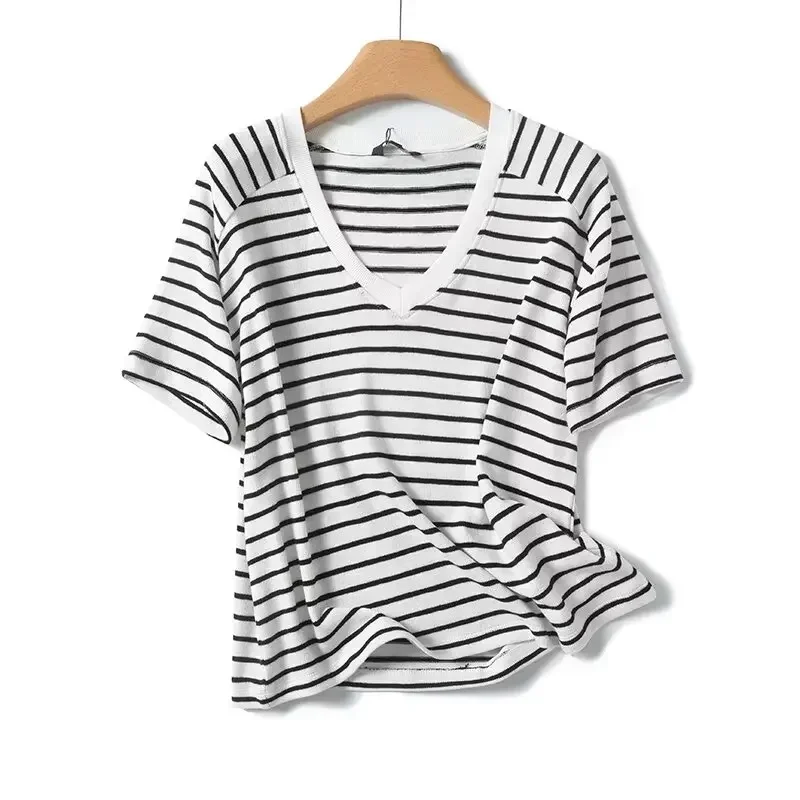 

Women's 2024 New Fashion Casual Joker Loose Striped V-neck Short-sleeved T-shirt Retro Ladies' T-shirt Top