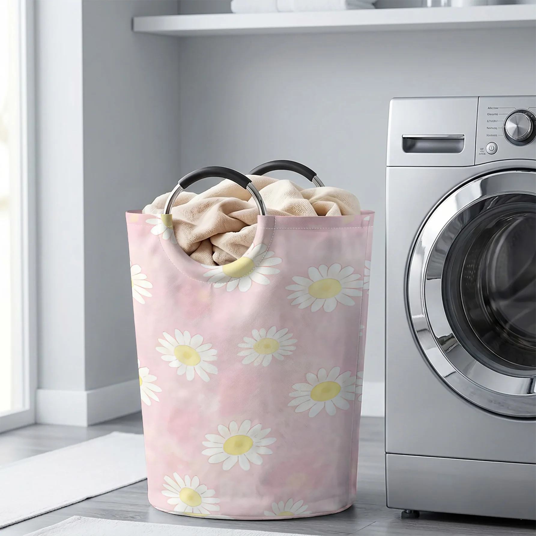 Pink Background White Daisy Handheld Storage Basket, For Laundry, Bedroom & Home Sundries Storage