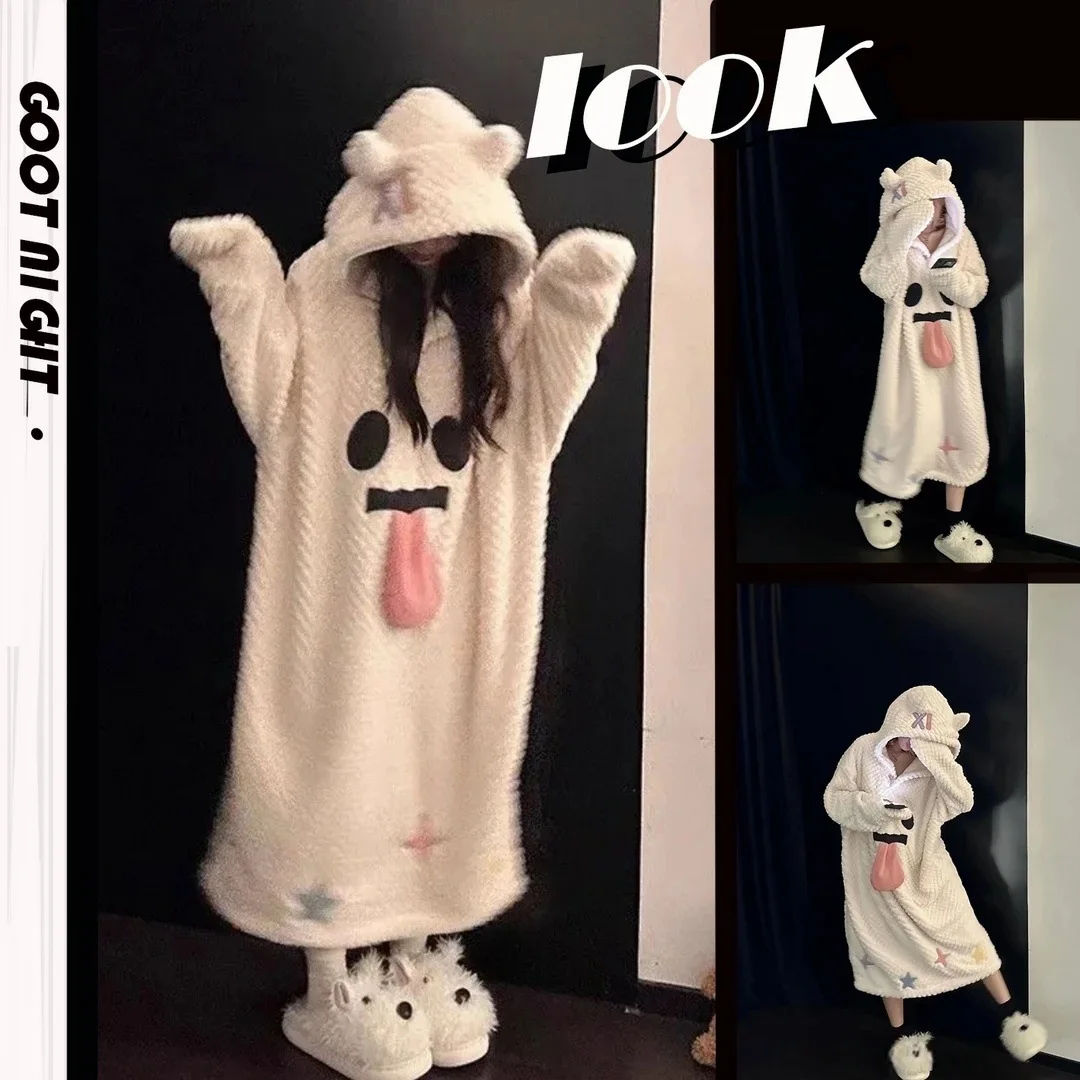 

Cute And Funny Little Ghost Grimace Nightgown Winter Plus Velvet Padded Coral Velvet Pajamas Women'S Plush Home Service Suit