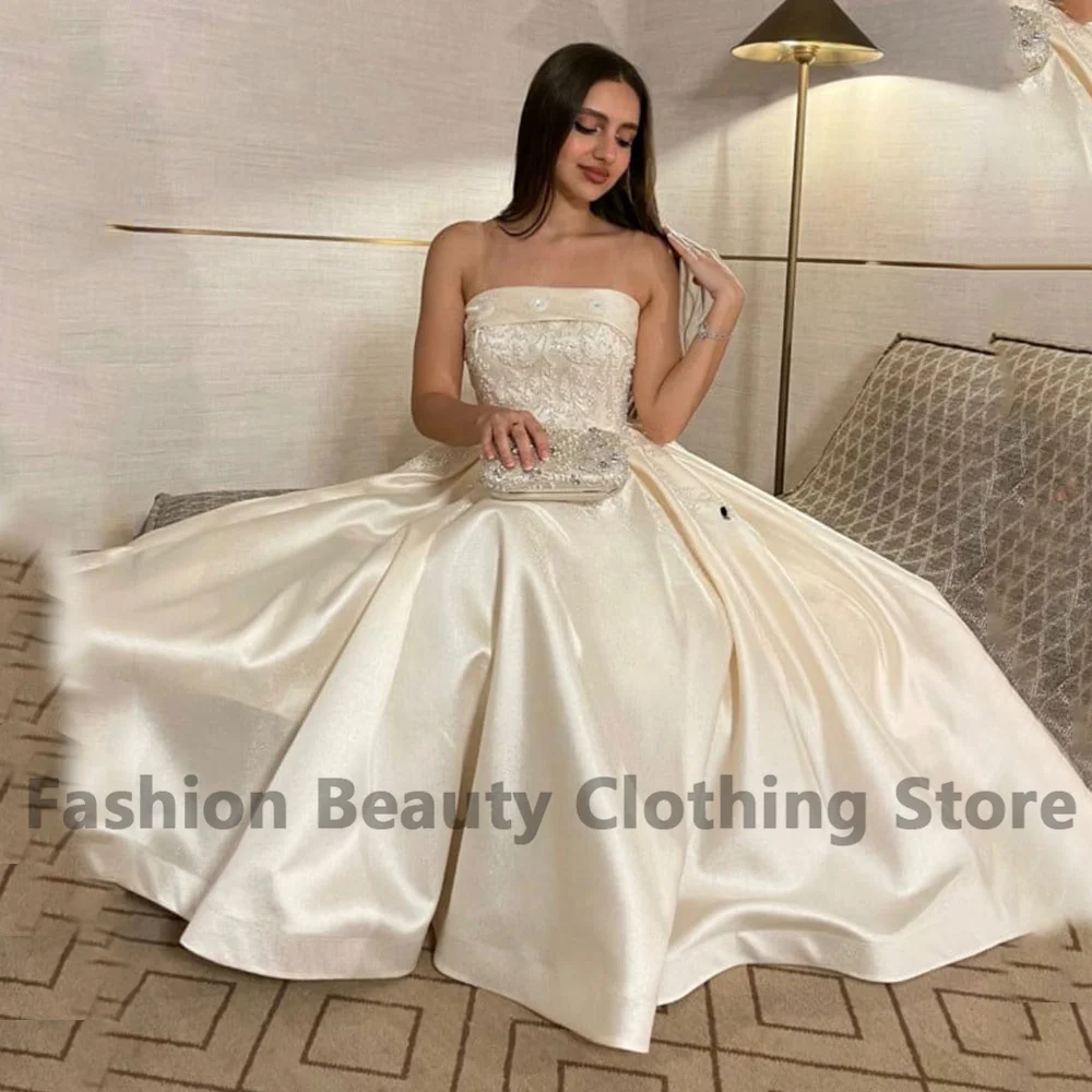 Satin A-Line Prom Dress Dubai Strapless Applique Pleated Backless Saudi Arabian Ankle-Length Evening Dresses Vestidos De Noche