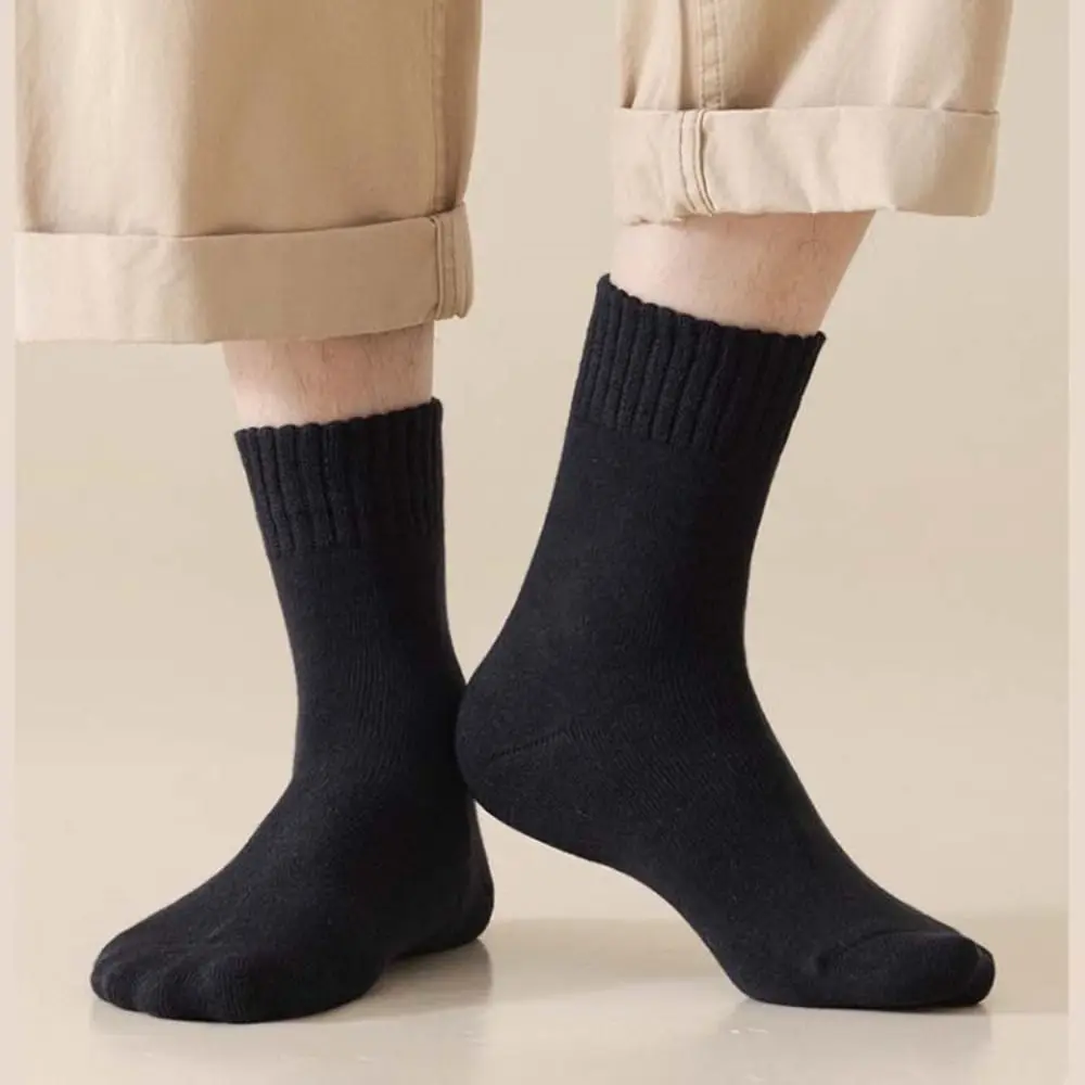 5Pairs Fashion Simple Thicken Warm Socks Solid Color Thicker Thermal Mid Length Socks Stripe Mid Tube Winter Socks Men Men Boy