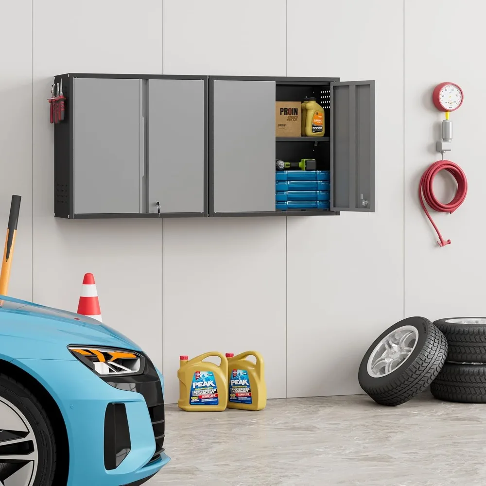 Металлический запираемый гаражный настенный шкаф с регулируемой полкой, 2-мя дверцами и перфорированной доской для хранения инструментов
