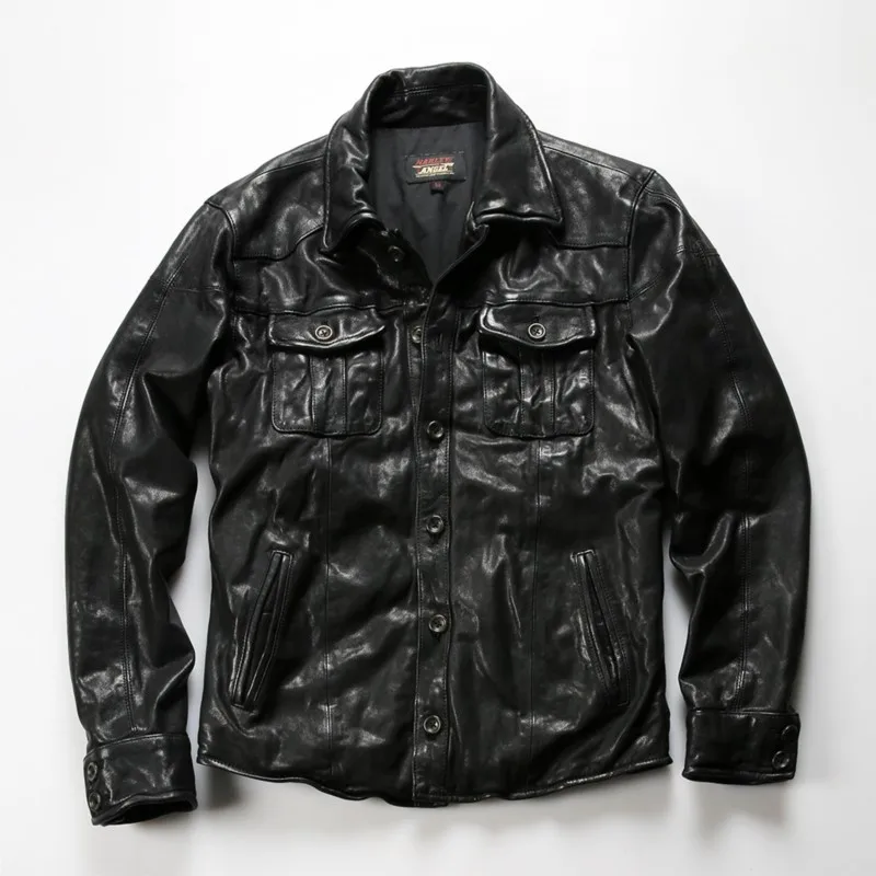 Pleated leather shirt for men fashionable heavy-washed fully vegetable-tanned collar