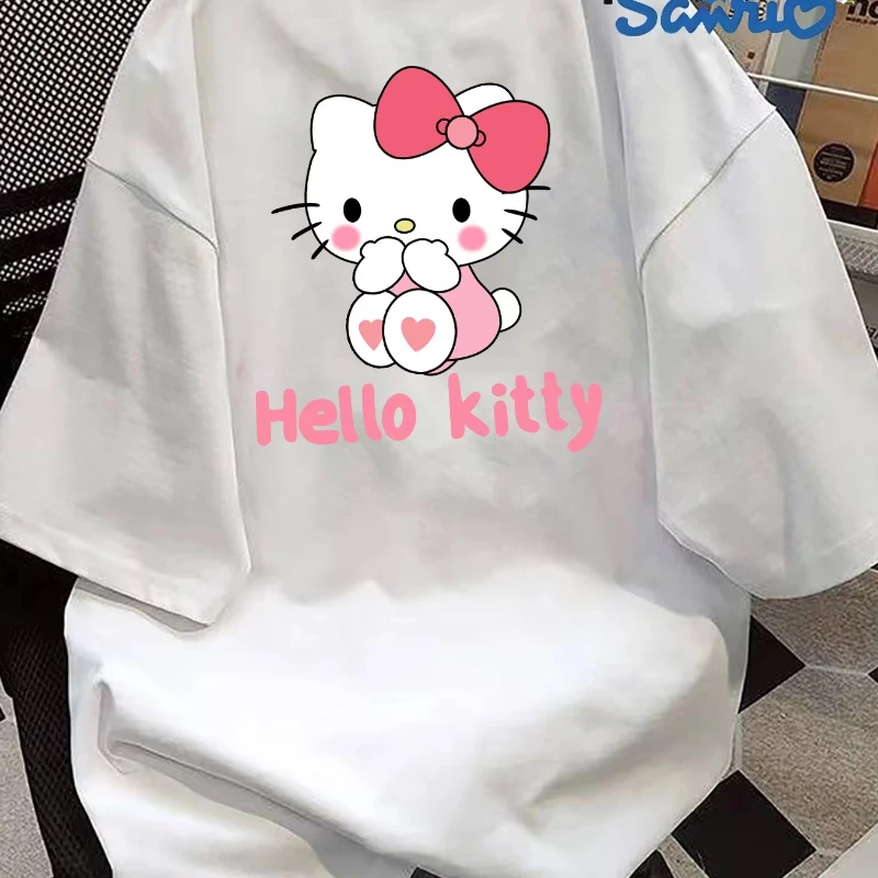 

Sanrio Women's Hello Kitty Pattern T-shirt Cute Short Sleeve Round Neck Top Pink Bow and Heart Design Casual Summer Shirt