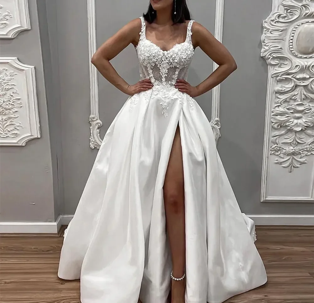 Elegant A-Line Wedding Dress 2026 Sweetheart Straps 3D Flowers Bead Satin Train Princess Bride Bridal Gowns Vestidos De Noiva