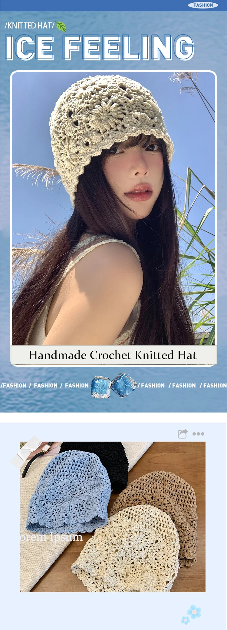 Handgemachte häkeln hohlen Kopf Japan Strickmütze Frühling Sommer Retro Casual Turban Mode Melone Mesh Hut Pullover Hut atmungsaktiv – Detail 1
