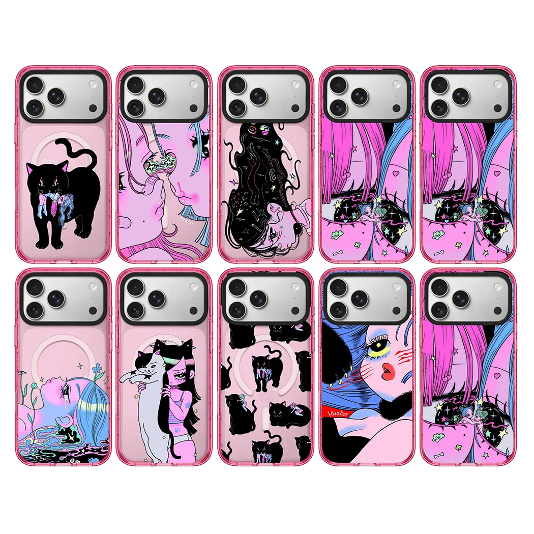 

Anime Cat and Girl Pink Border Magnetic Impact Cover for IPhone 12 13 14 15 16 17 Pro Max Case for IPhone 17 Air