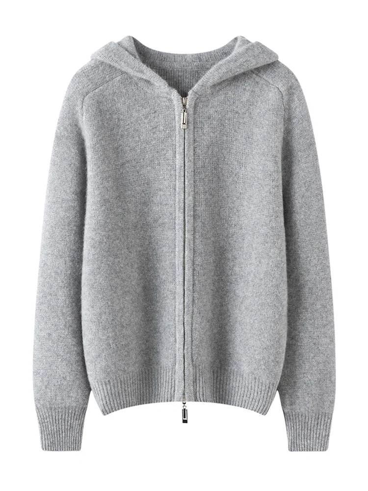 TLOML Nowy Damski Sweter z Kaszmiru 100%, Rozpinany na Zamek z Kapturem, Dzianina Kaszmirowa, Jesień Zima, Miękki, Ciepły, Wysoka Jakość, Gruby Płaszcz