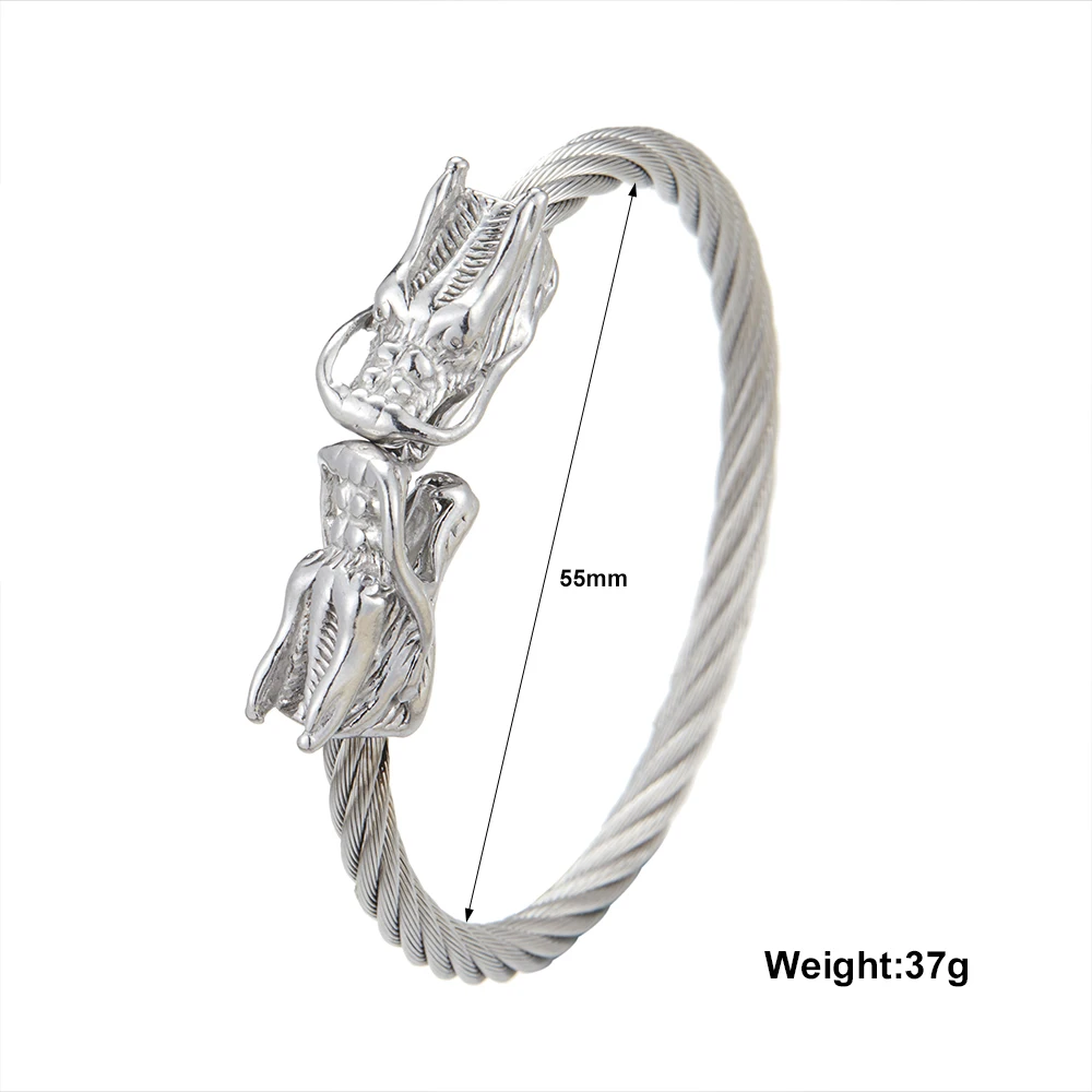 316L Stainless Steel 18K Gold Plated Twisted Wire Open Cuff Bangle Double Dragon Tip Bracelet Oriental Vintage Jewelry For Men=