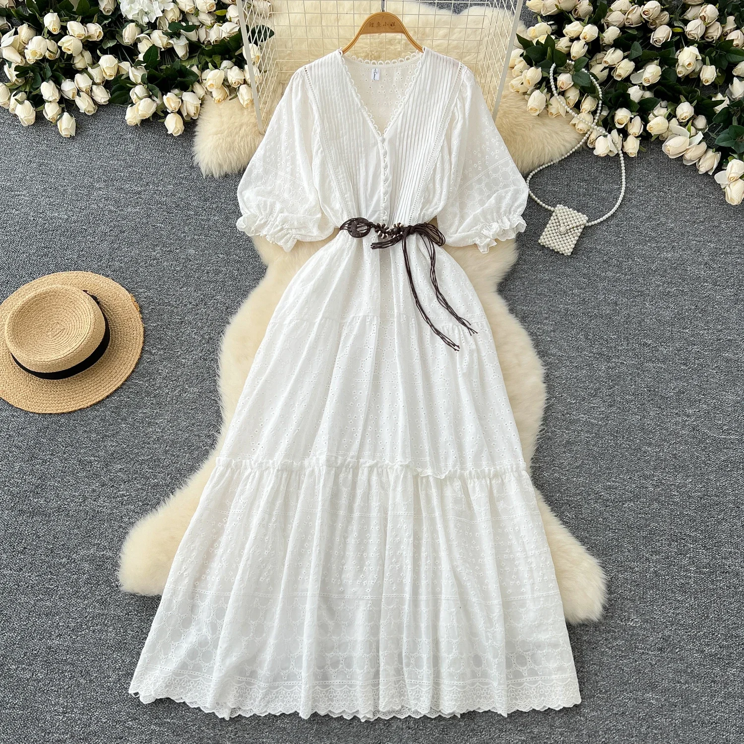 Chic V-neck Elegant Short Lantern Sleeve Slim Sashes High Street Embroidered Women Vintage Korean Fashion Vacation Summer Dress