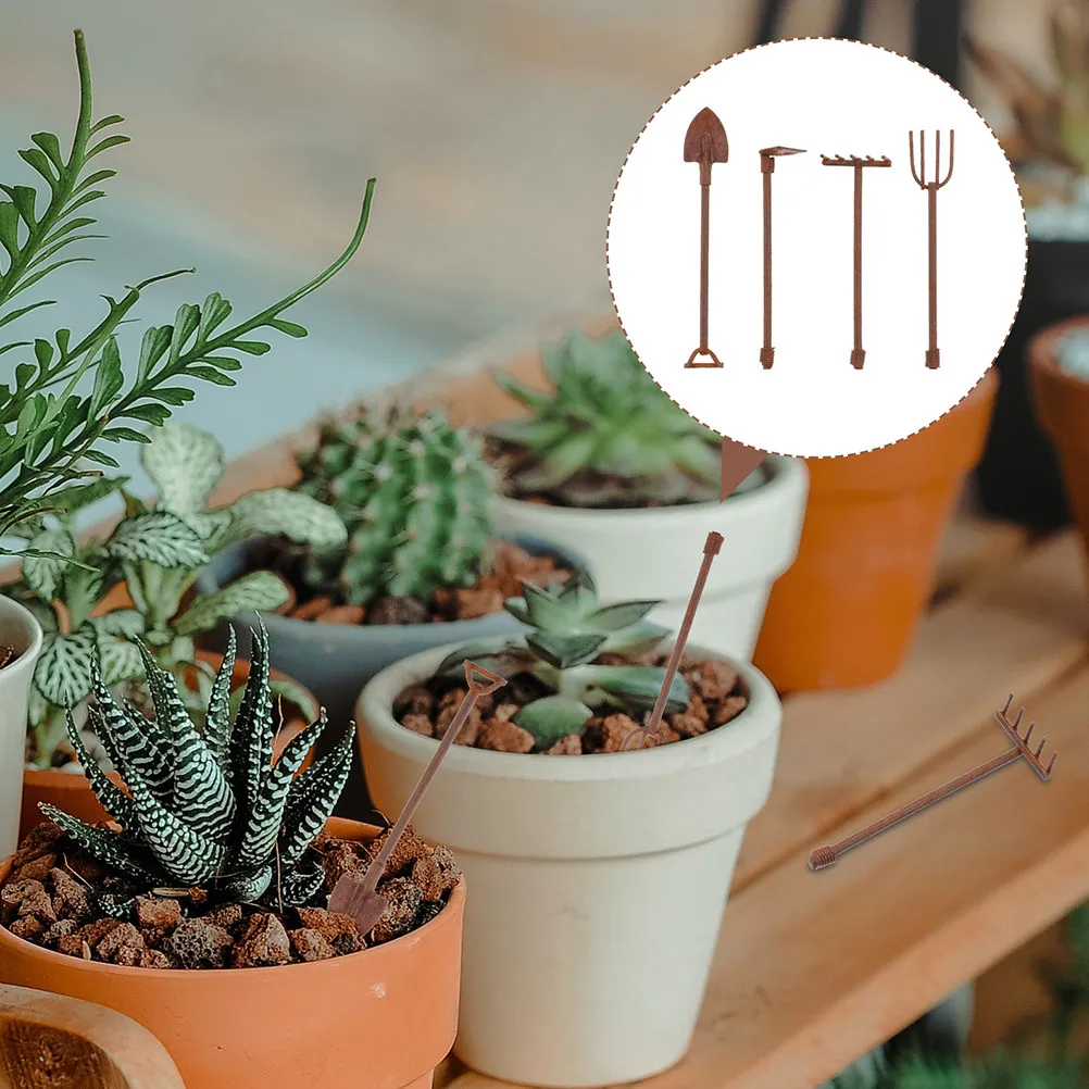 8Pcs Retro Miniature Farming Tools Kit Hand-Painted Rusty Metal Shovel Rake Hoe Trowel for Mini House Decor Garden Landscape