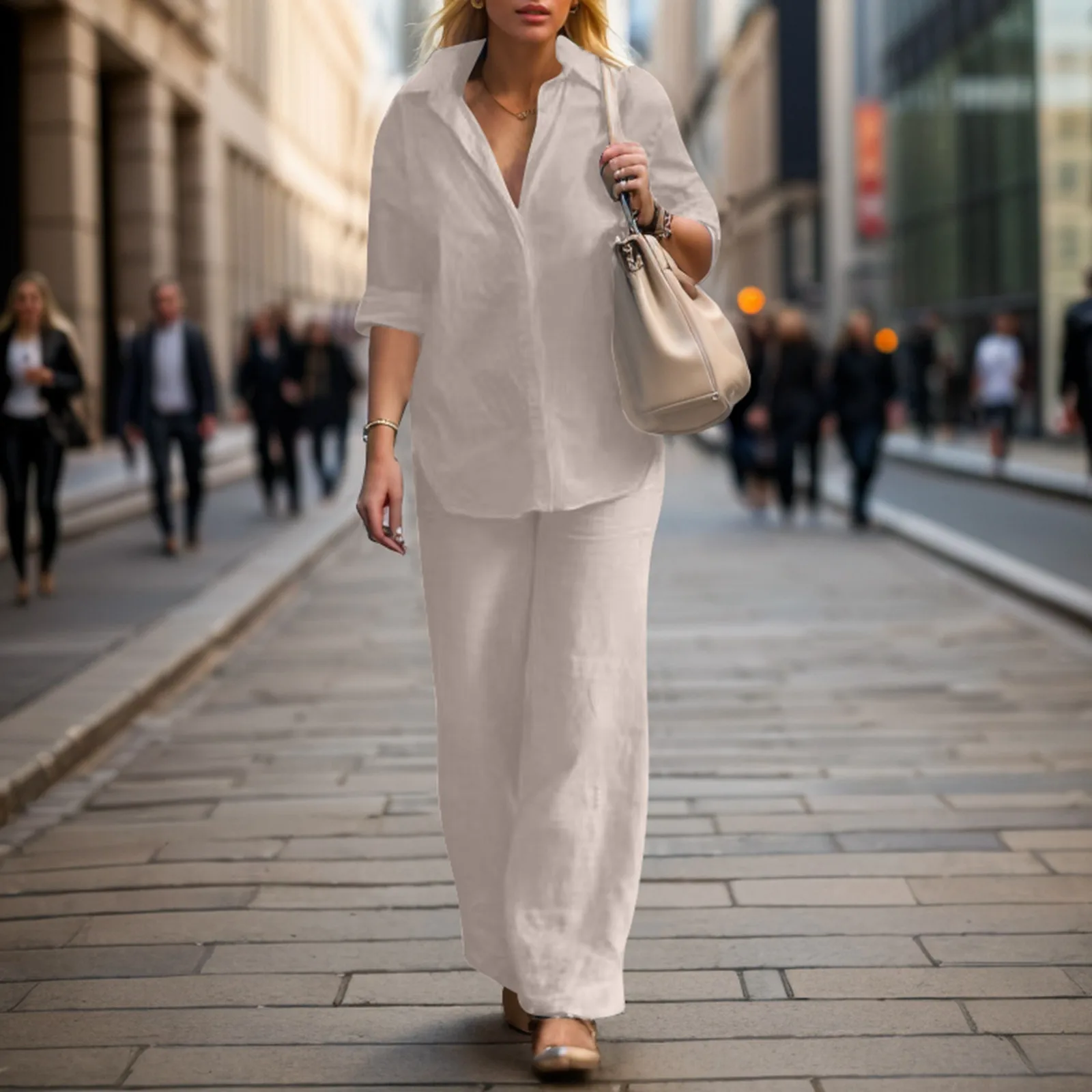 Terno casual monocromático feminino, camisa de manga comprida, calças largas soltas, lapela simples, primavera e outono