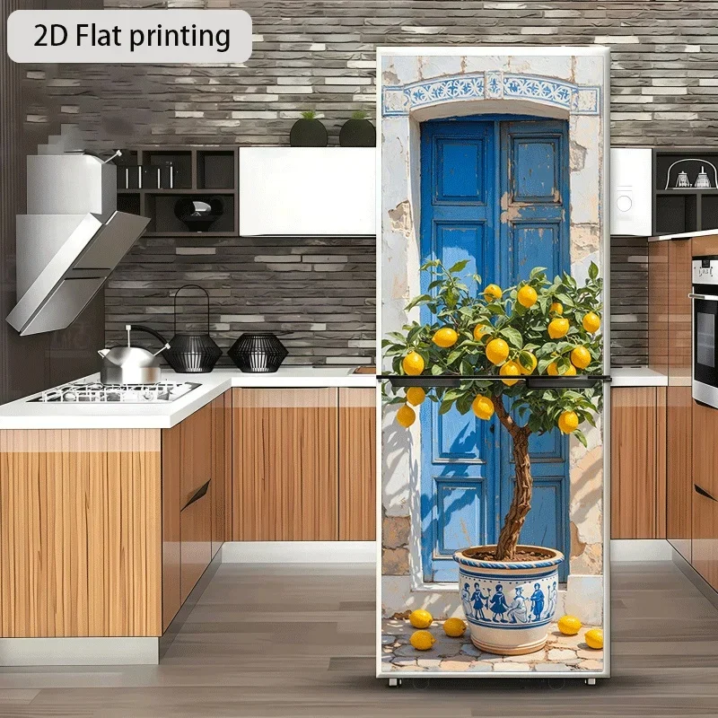60×180cm Blue Door Lemon Tree Themed Kitchen Home Decor Wallpaper Self-Adhesive, Suitable for Cabinets, Wardrobes, Modern Kitc