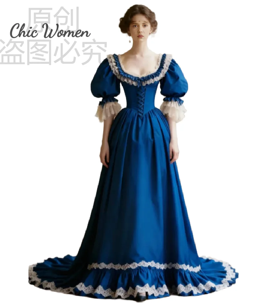 Elegante azul renascentista vestido de noite com renda branca manga puff cetim guerra civil vestido de baile vintage imperatriz formal vestidos de festa