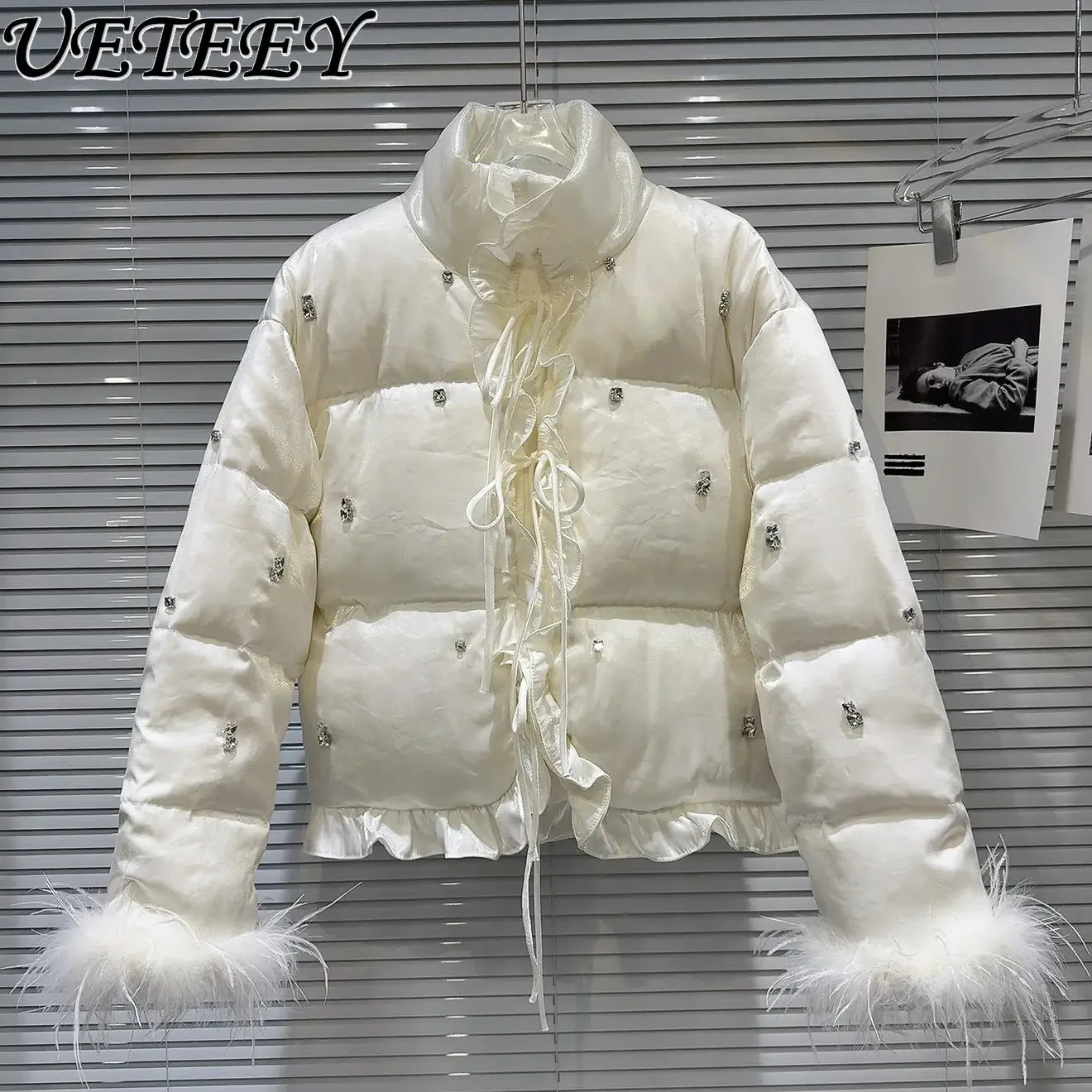 Stand-up Collar Long-sleeved Versatile Feather Splicing Short Cotton Coat Winter New Sweet Nail Drill Strap Warm Down Jacket