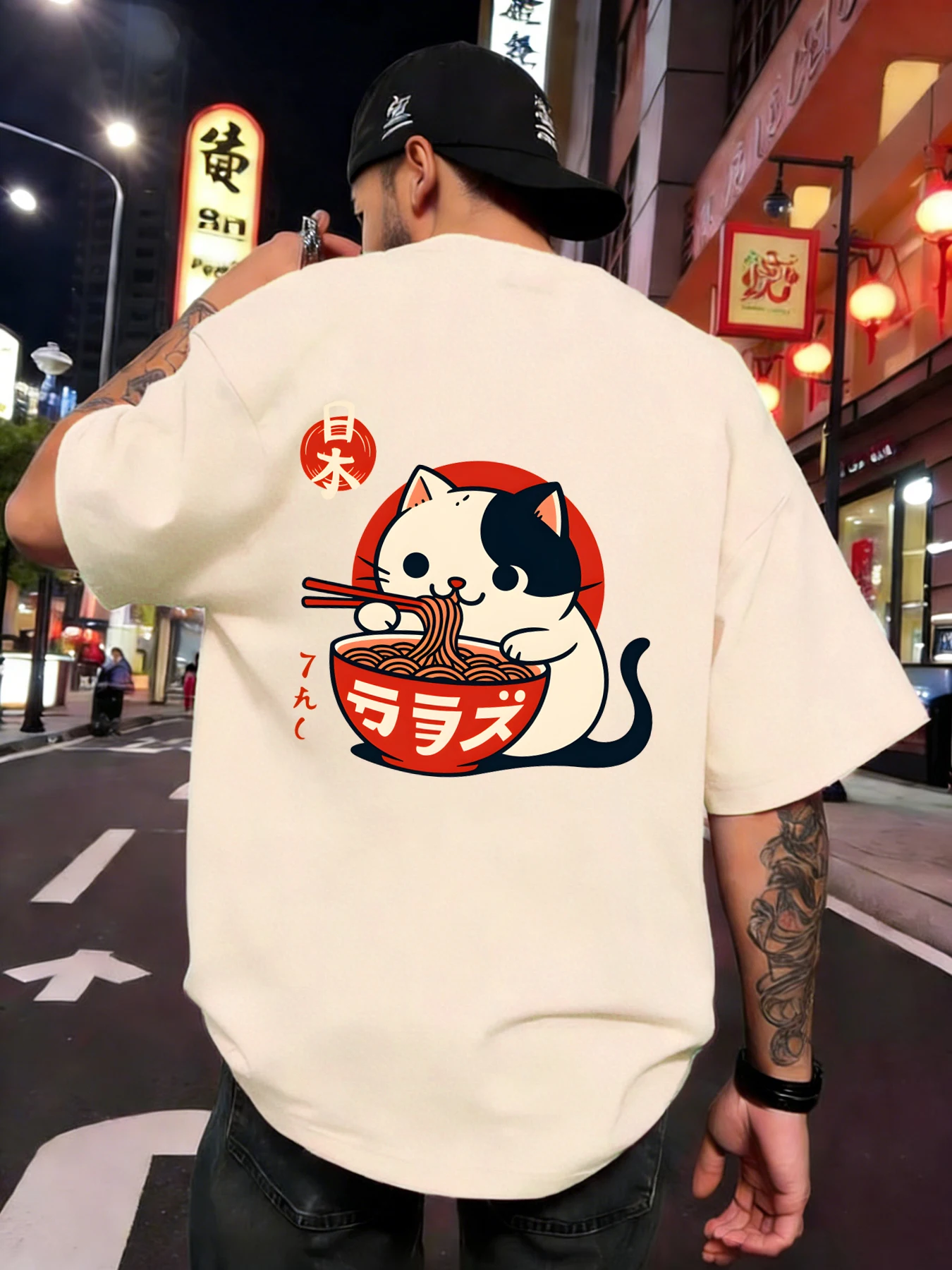 Cow Cat Likes Lamian Noodles Print Men Soft Cartoon T-Shirt Casual Loose Tops Sport Cotton Streetwear All-Match Short Sleeve
