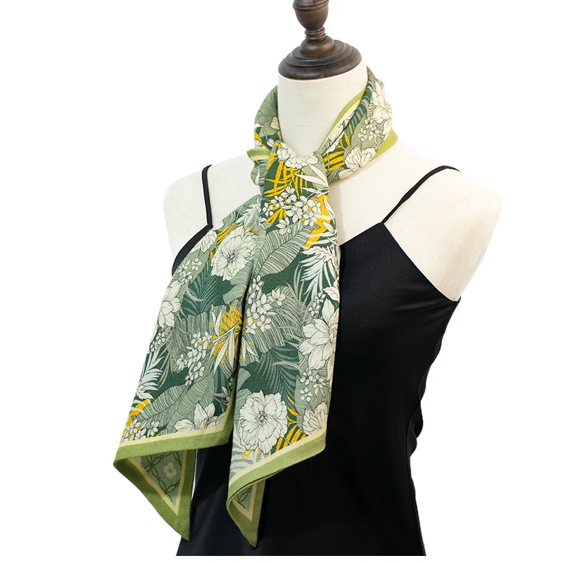 Luxury 70%Wool 30%Mulberry Silk Skinny Scarf, Double Sided Floral Ribbon, Women Neck Tie for Office, Bag Decor, Hair Band Gift