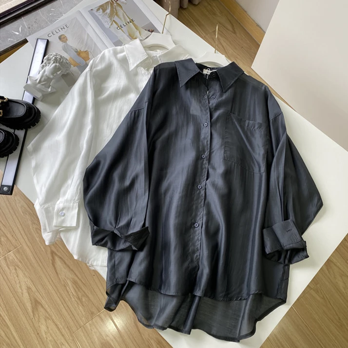 Spring Rayon New Women's Turn-down Collar Shirts Long Sleeves Sagging Sensation Loose Fit Versatile Lightweight Solid Coats