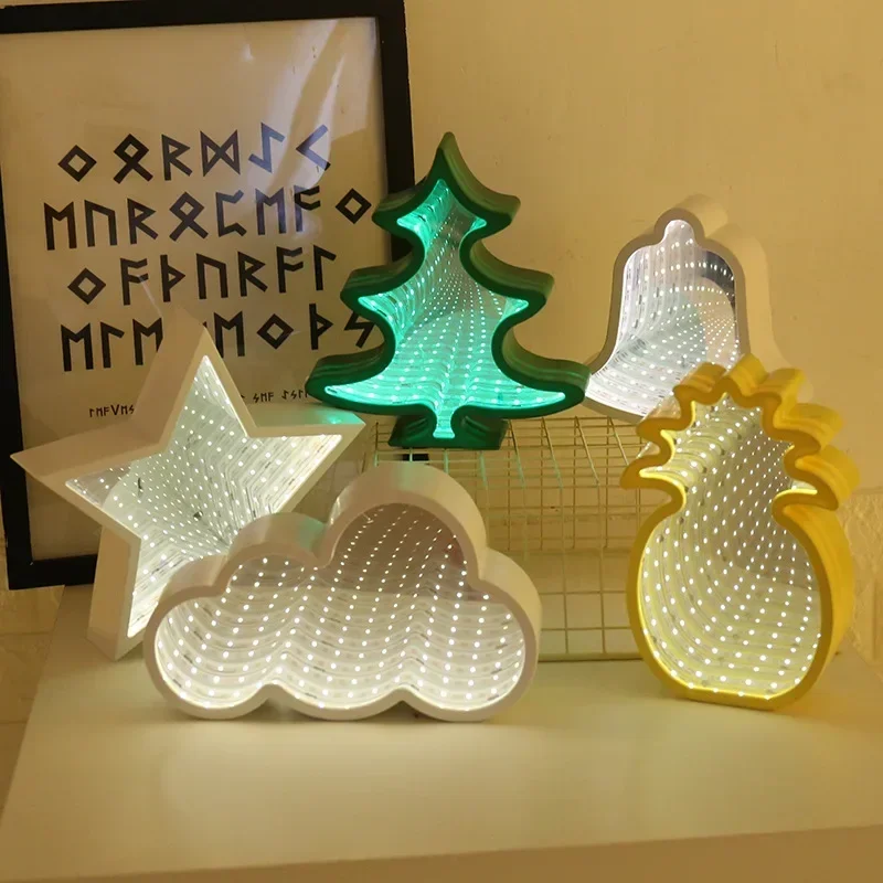 Lámpara de modelado de túnel con efecto 3D, luz LED nocturna de espejo, alimentado por batería, mesita de noche, Creat Heart, Cloud Flower, regalo de cumpleaños