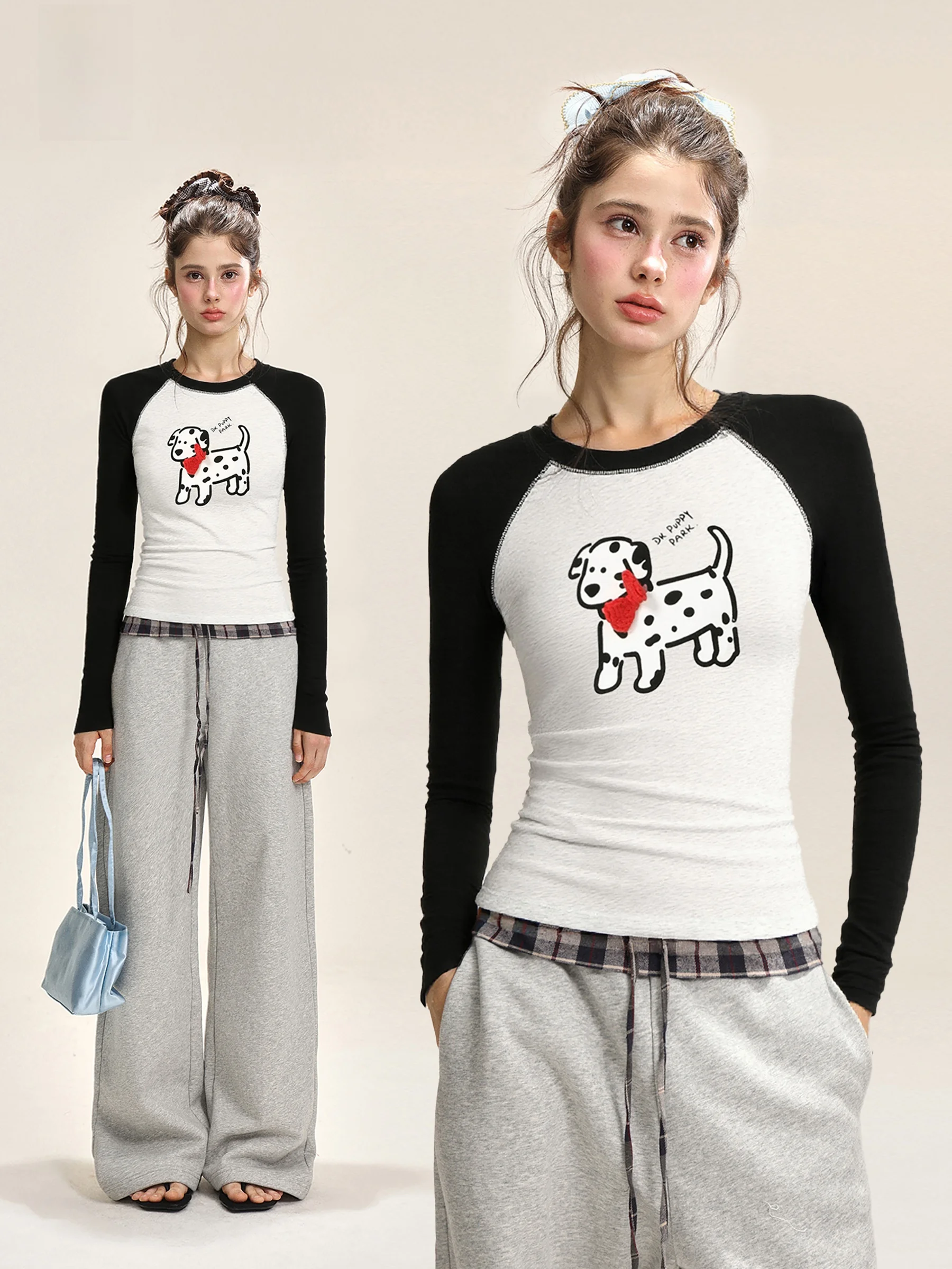

American Style Color Block round Neck T-Shirt Women's Spring Autumn Cartoon Print Slim Fit Base Shirt Inner Wear
