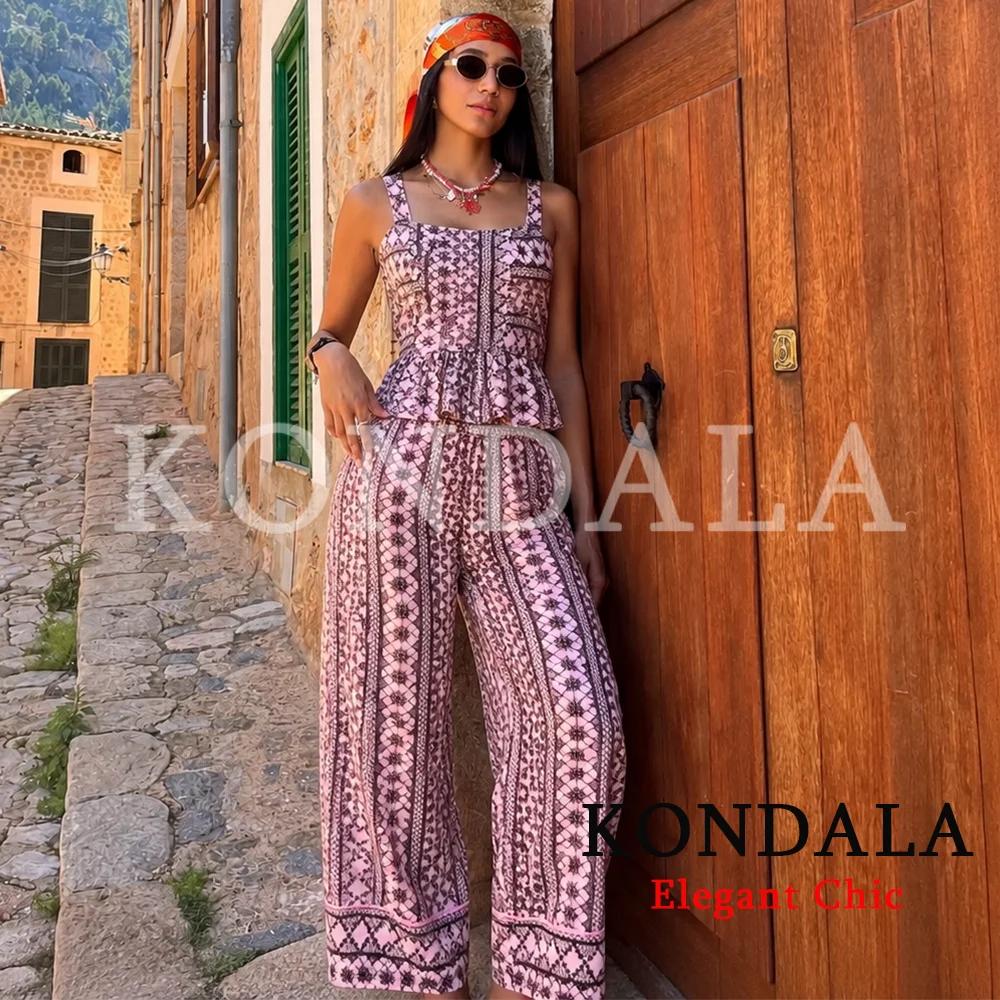 

KONDALA Women Vintage Boho Embroidered Set Summer High Street Holiday Long Pants Set 2026 Trendy Elegant Camisole Top ,Trousers
