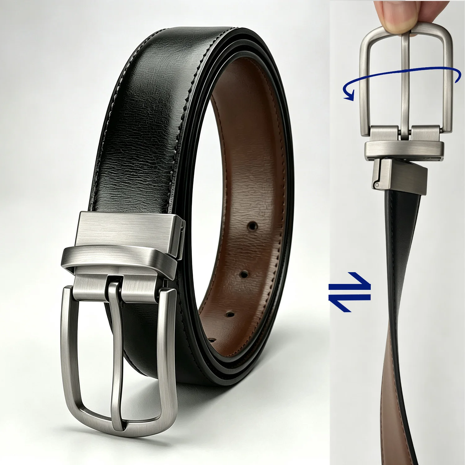 Reversible Leather Belt for Men Rotatable Buckle Double Sided Dress Casual Belt 1 Belt 2 Colors Business Waist Strap