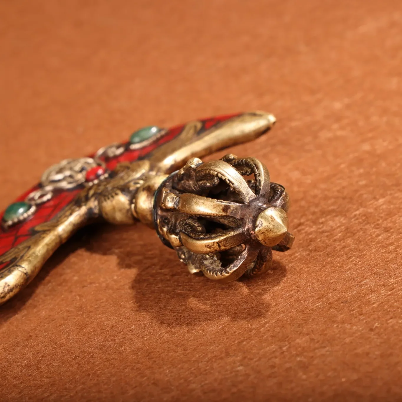 

5"Tibetan Temple Collection Old Bronze Painted Mosaic Gem Turquoise Buddha Dorje Vajra Phurpa Amulet Dharma Town House Exorcism