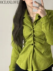 OCEANLOVE Y2k Green Shirts&blouses Women Tops Solid Spring Autumn Vintage Blusas Mujer Korean Fashion Folds Chic Camisas