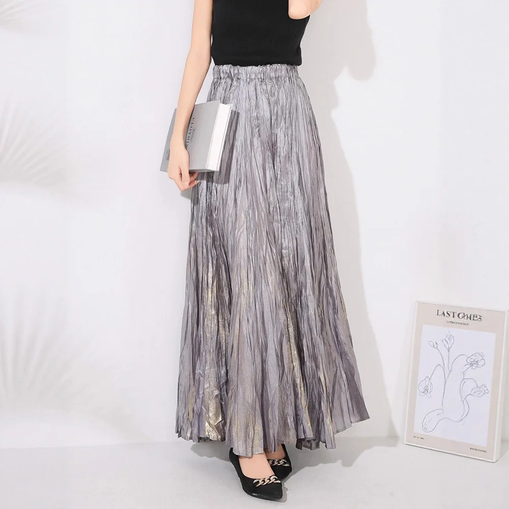 Miyake 2025 تنورة برونزية مطوية للنساء عالية الخصر رقيقة يتأرجح تنورة طويلة مطوي مرونة الخصر يتأرجح مظلة تنورة
