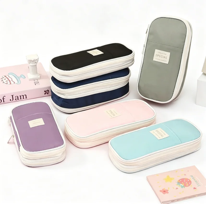Expandable Double Layer Large Capacity Solid Color Block Pencil Case Simple Design Stationery Bag for School And Office