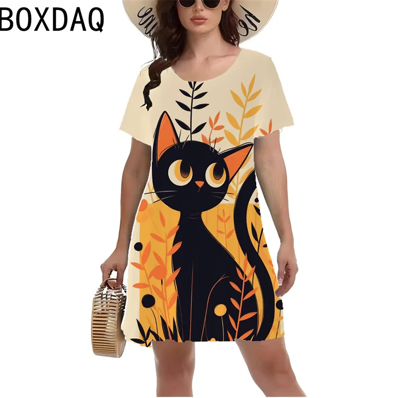 

Fashion Funny Women Cat Pattern 3D Cartoon Print Mini Dress Summer Oversized Short Sleeve O-Neck Casual Dress Vestidos