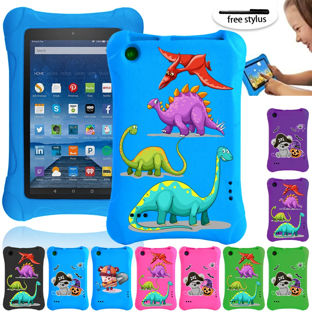 New Kids EVA Tablet Case for Amazon Fire 7(5th/7th/9th Gen)7 Inch Soft Shell Tablet Case with Cartoon Pattern Series + Pen